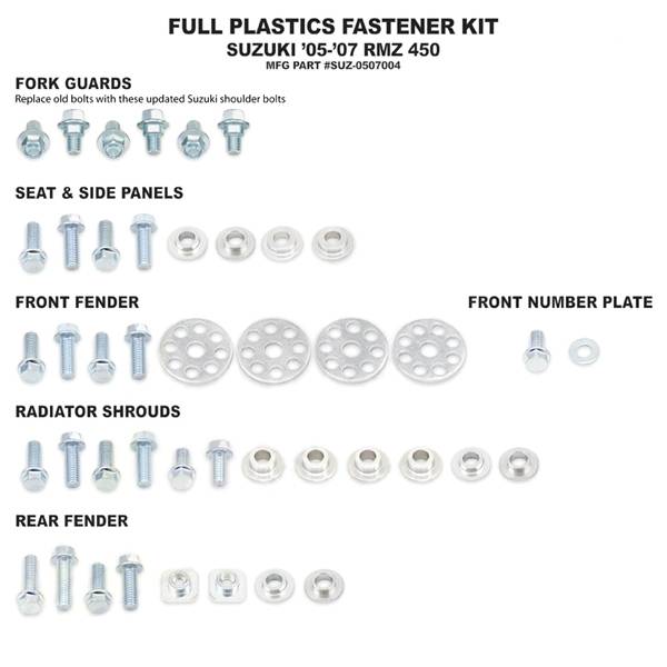 Suzuki RMZ450 Full Body Plastics Bolt Kit 2005-2007 - Every Fastener You Need - Zinc Plated Steel